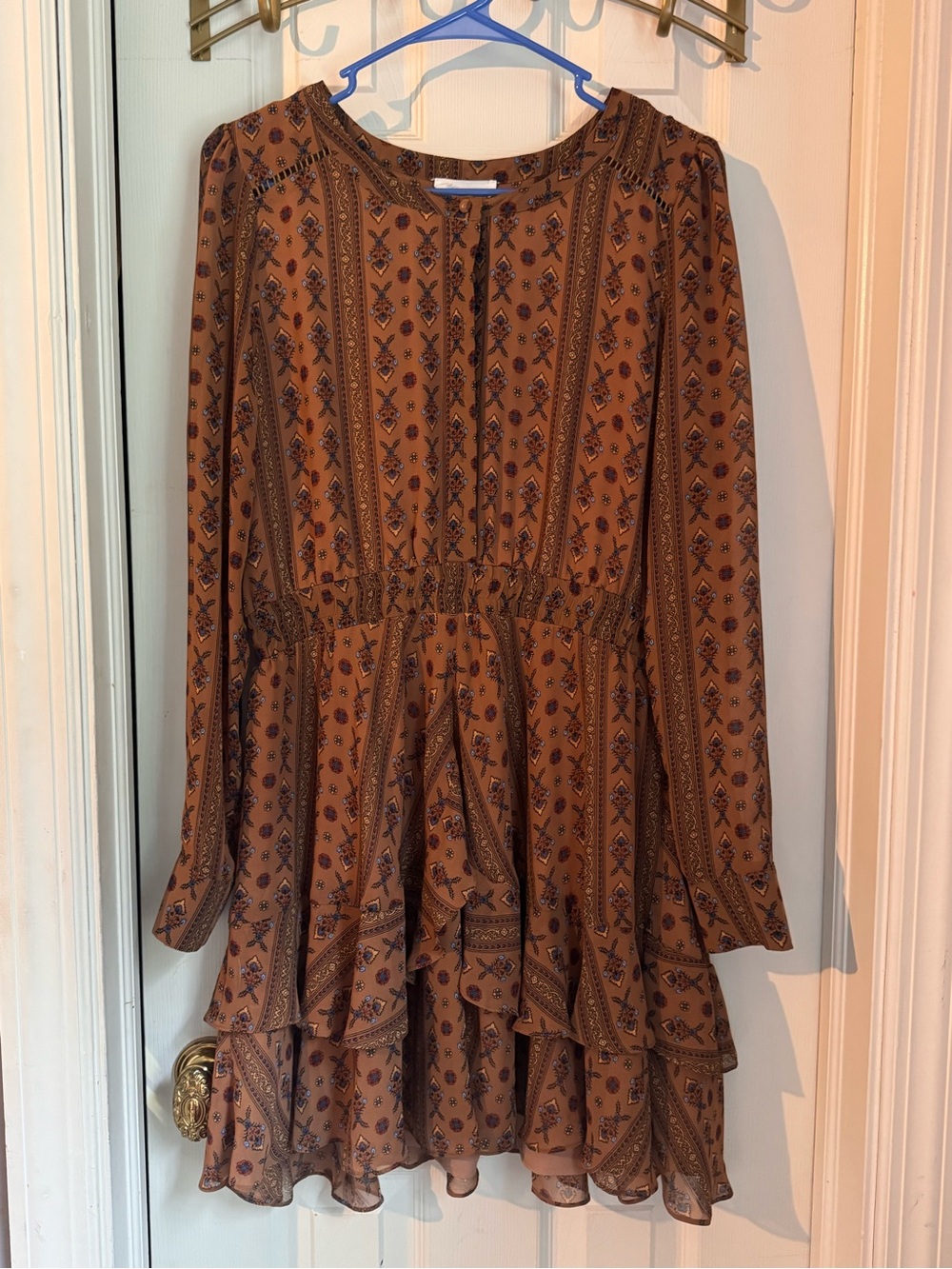 Boho Tiered Long-Sleeve Dress in Rust Floral Print